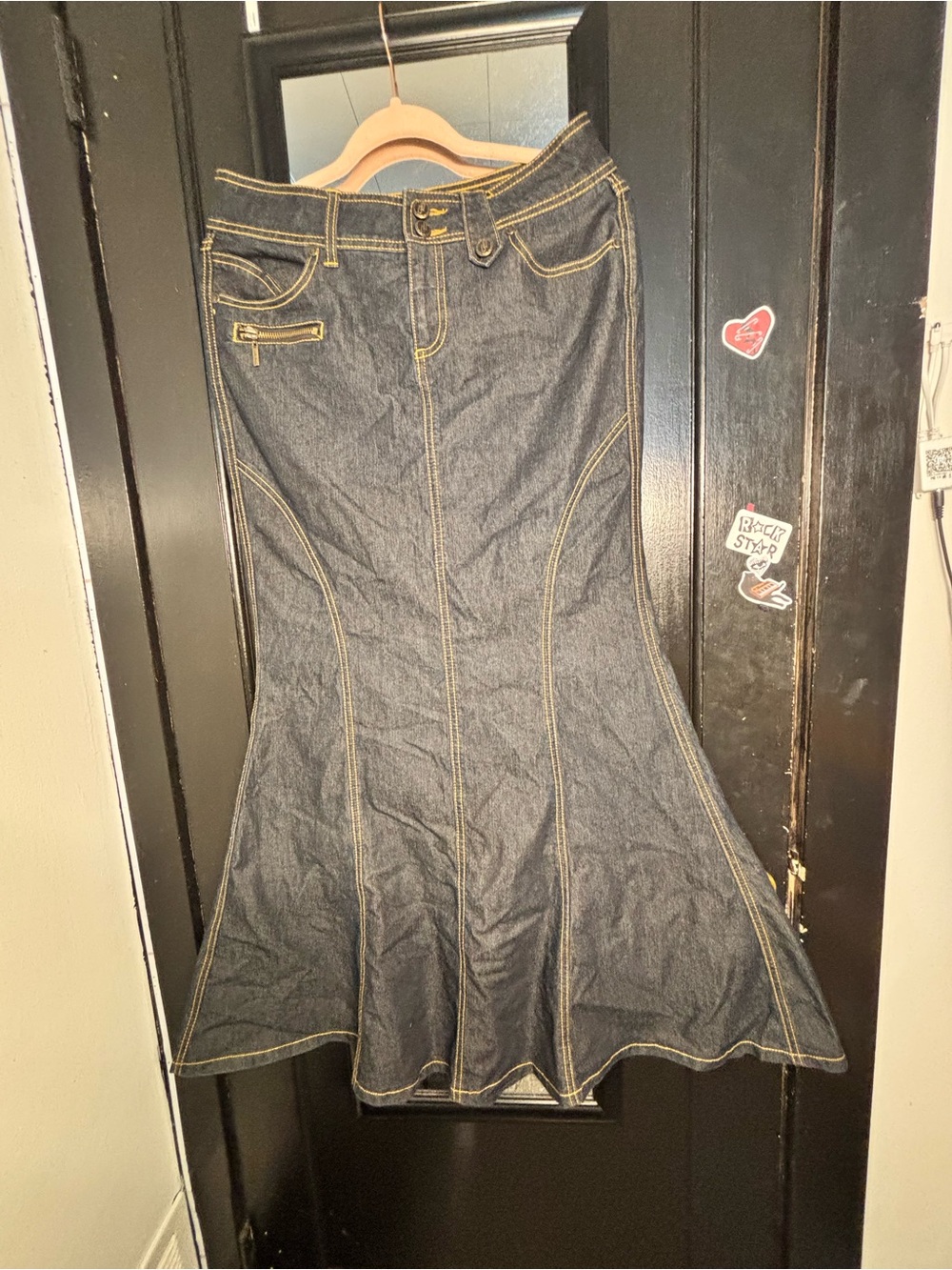 Bisou Bisou Dark Blue Denim Flared Mermaid Maxi Skirt with Contrast Stitching
